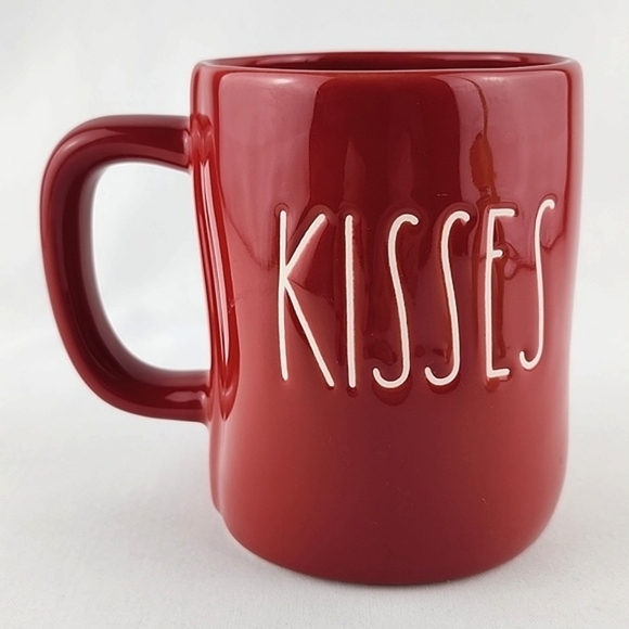 Rae Dunn Glossy Red Coffee Mug Double Sided KISSES HUGS White Large Letters - Picture 2 of 10